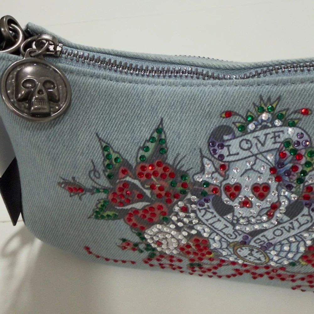 Ed Hardy Love Kills Slowly Denim Rhinestone Shoulder Bag Blue Y2K Tattoo Bag NWT